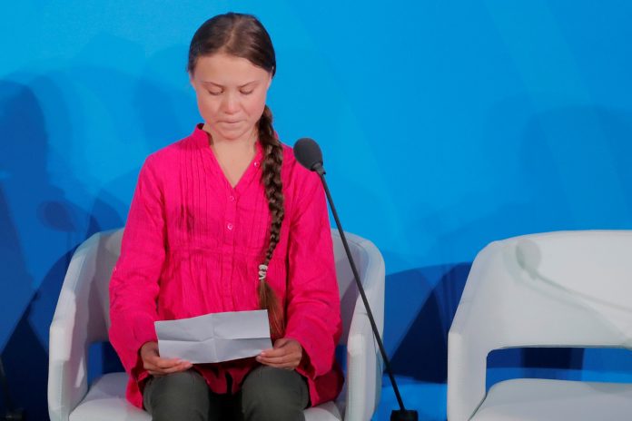 16-year-old Swedish climate activist Greta Thunberg speaks at the 2019 United Nations Climate Action Summit at U.N. headquarters in New York